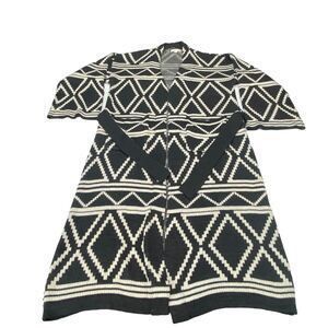 Elan Cardigan Sweater Women Medium Black White Geo Print Knit Belted Open Front
